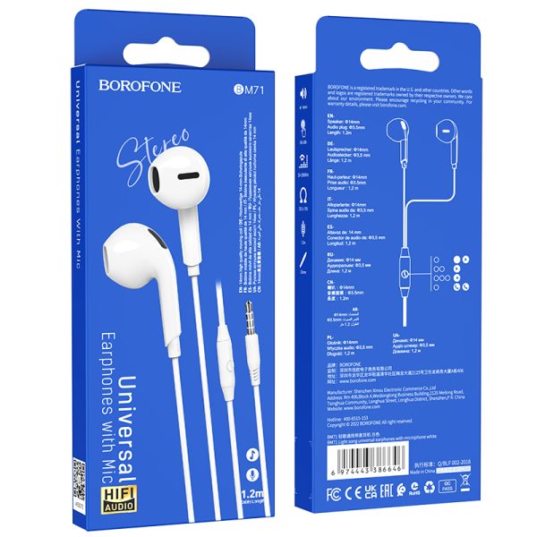 Borofone Earphones BM71 Light Song with microphone white