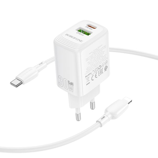Borofone Wall charger BN29 Fuente - USB + Type C - QC 3.0 PD 30W with Type C to Lightning cable white