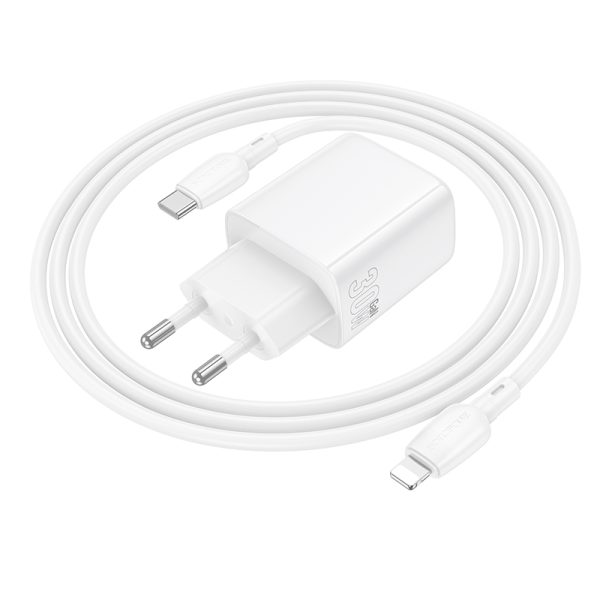 Borofone Wall charger BN29 Fuente - USB + Type C - QC 3.0 PD 30W with Type C to Lightning cable white