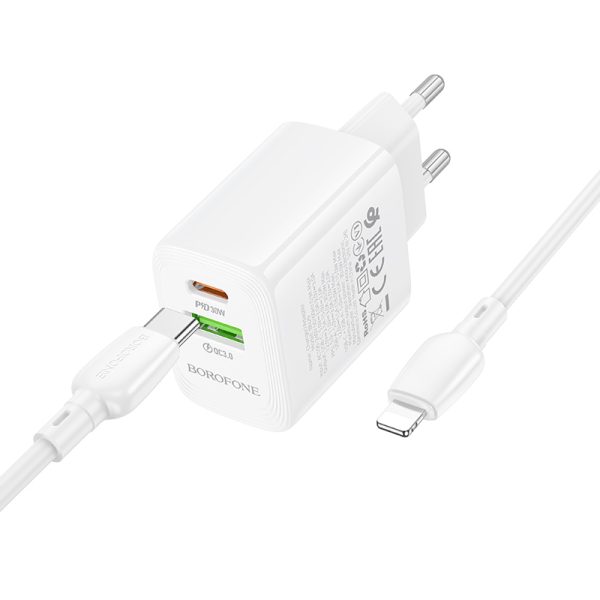 Borofone Wall charger BN29 Fuente - USB + Type C - QC 3.0 PD 30W with Type C to Lightning cable white