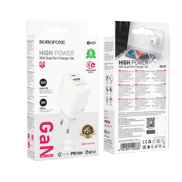 Borofone Wall charger BN29 Fuente - USB + Type C - QC 3.0 PD 30W with Type C to Lightning cable white