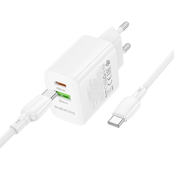 Borofone Wall charger BN29 Fuente - USB + Type C - QC 3.0 PD 30W with Type C to Type C cable white