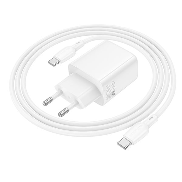 Borofone Wall charger BN29 Fuente - USB + Type C - QC 3.0 PD 30W with Type C to Type C cable white