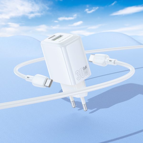 Borofone Wall charger BN29 Fuente - USB + Type C - QC 3.0 PD 30W with Type C to Type C cable white