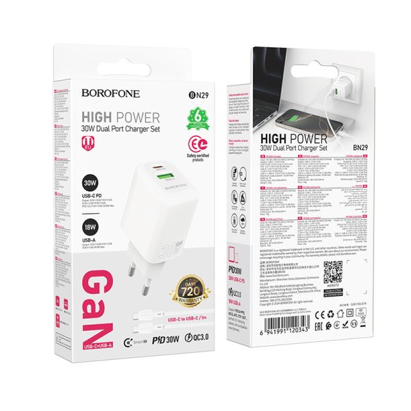 Borofone Wall charger BN29 Fuente - USB + Type C - QC 3.0 PD 30W with Type C to Type C cable white