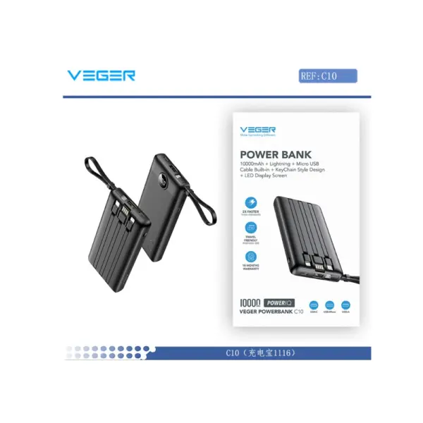 Power Bank VEGER C10 W1116 10000mAh Build in 4 Cables Usb C Lightning